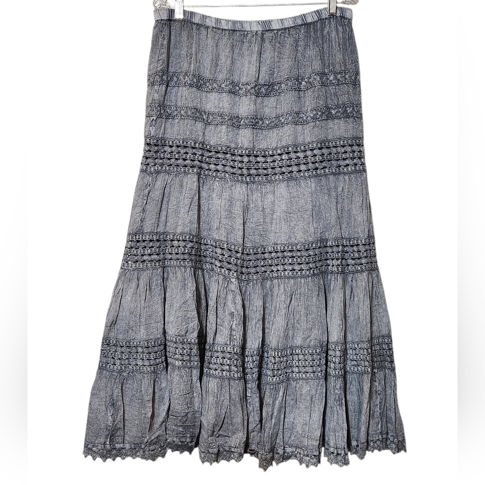 Vintage Metro Wear Gray Tiered Crochet Detail Maxi Skirt Size Medium